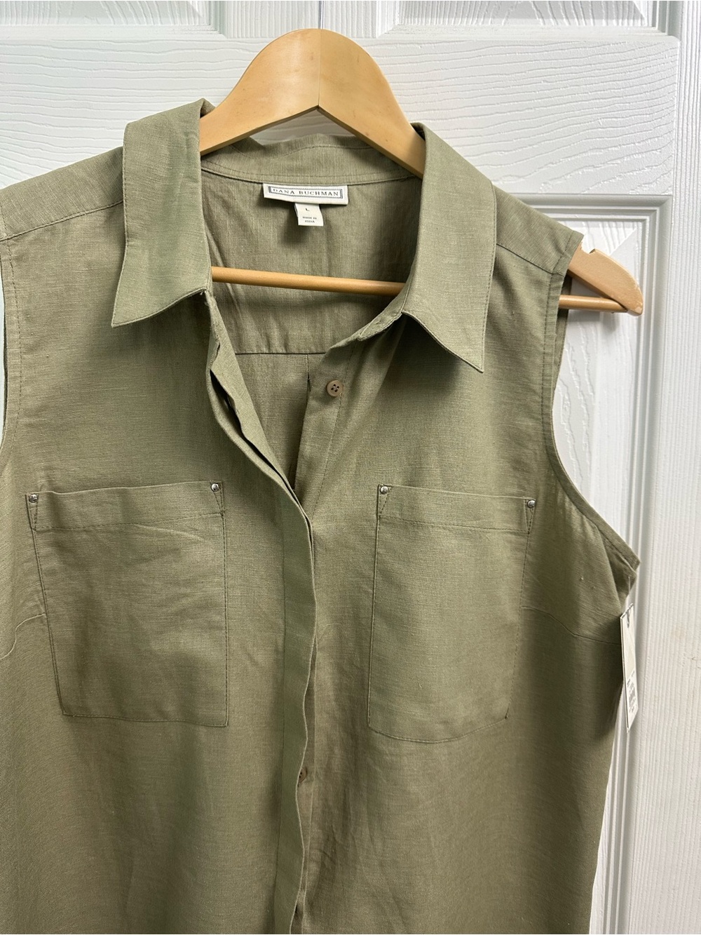 Dana Buckman Sleeveless Button-Front Shirt in Olive Green-Sz L NWT - Picture 2 of 10